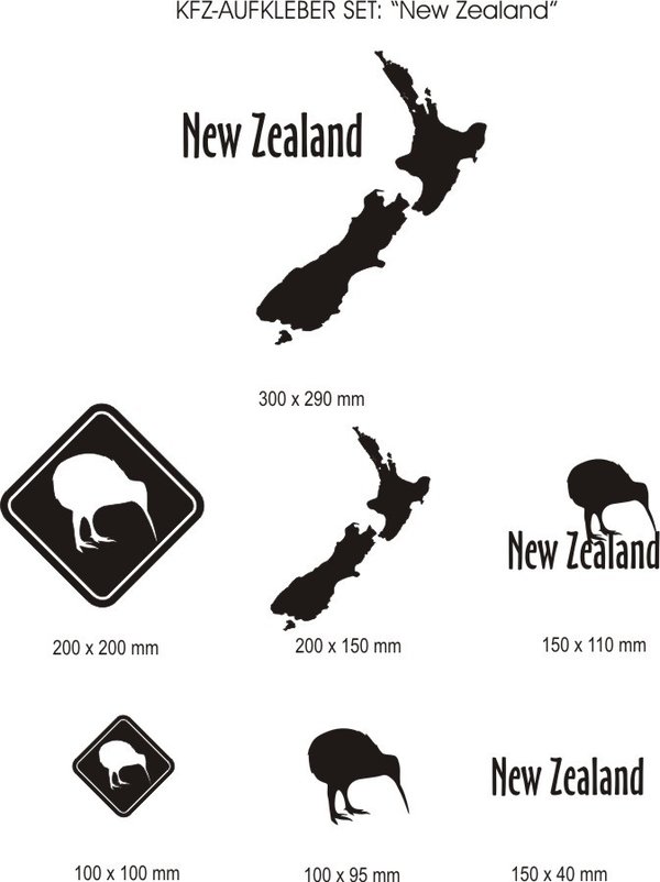 SET: "New Zealand"- 7 Stück - verschiedene Motive und Größen - KIWI - Neuseeland